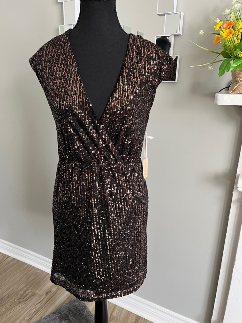 Black Tape_ Bronze Sequin V-Neck Cap Sleeve Mini Dress